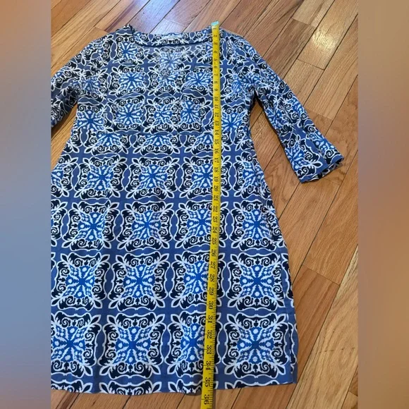 Boden 100% Linen Shift Dress Blue White Geometric Print 3/4 Sleeve Womens Sz 12R - Picture 9 of 13